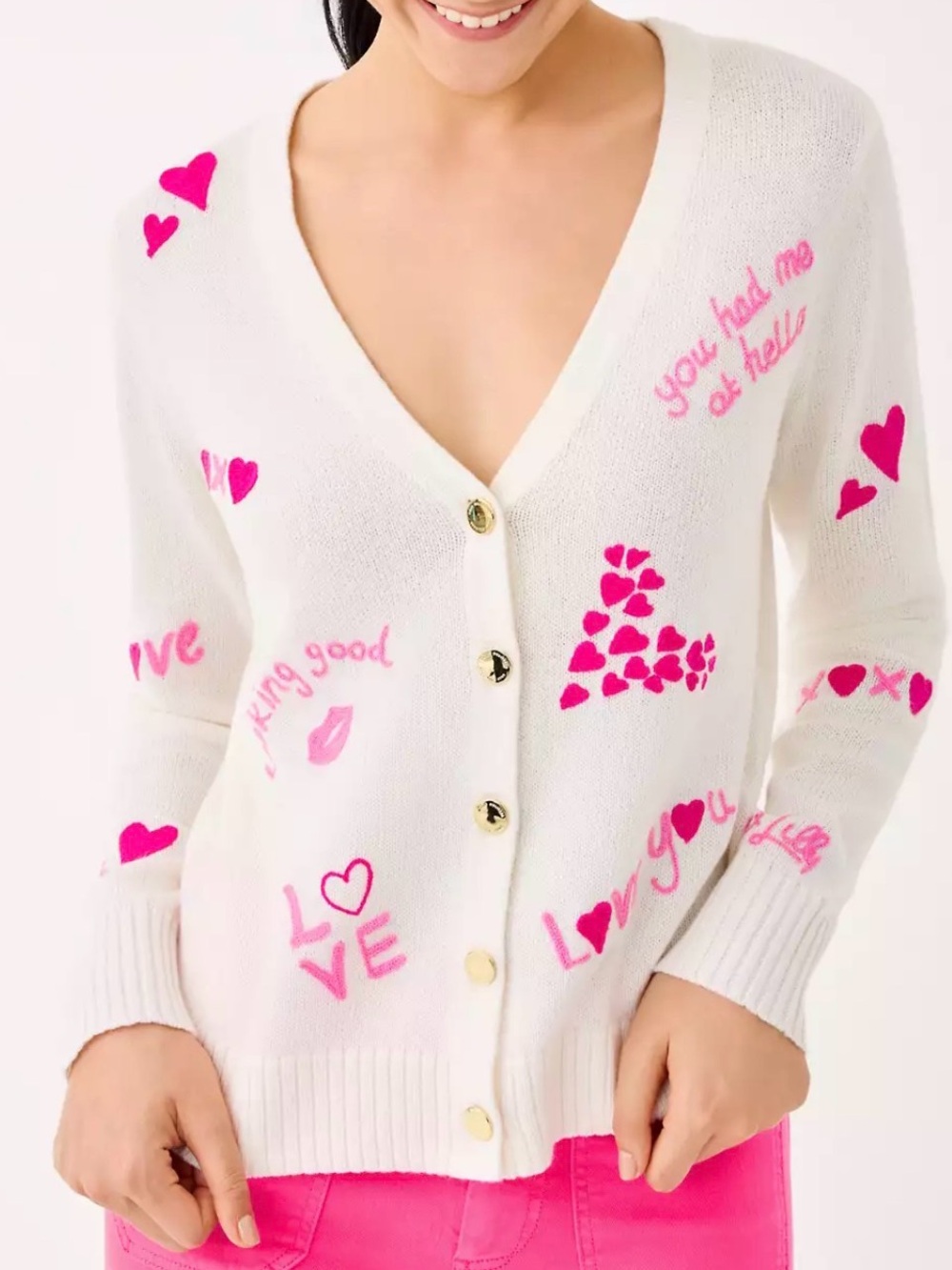 Lilly Pulitzer Cream Cardigan with Hot Pink Love Motifs